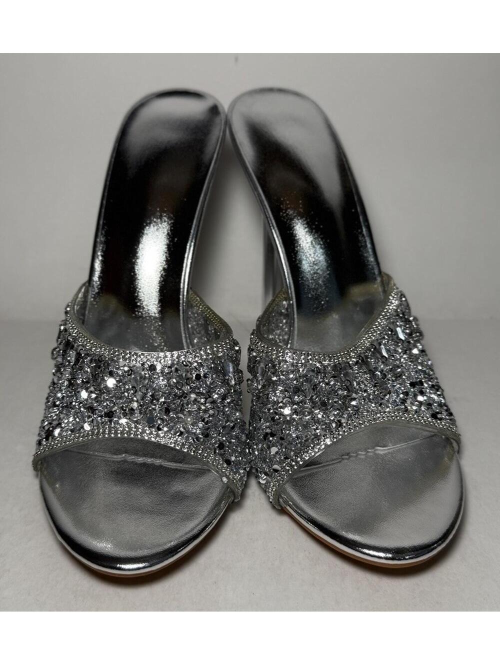 Stiletto High Heels 4 in. Silver Rhinestone Slip On Open Toe